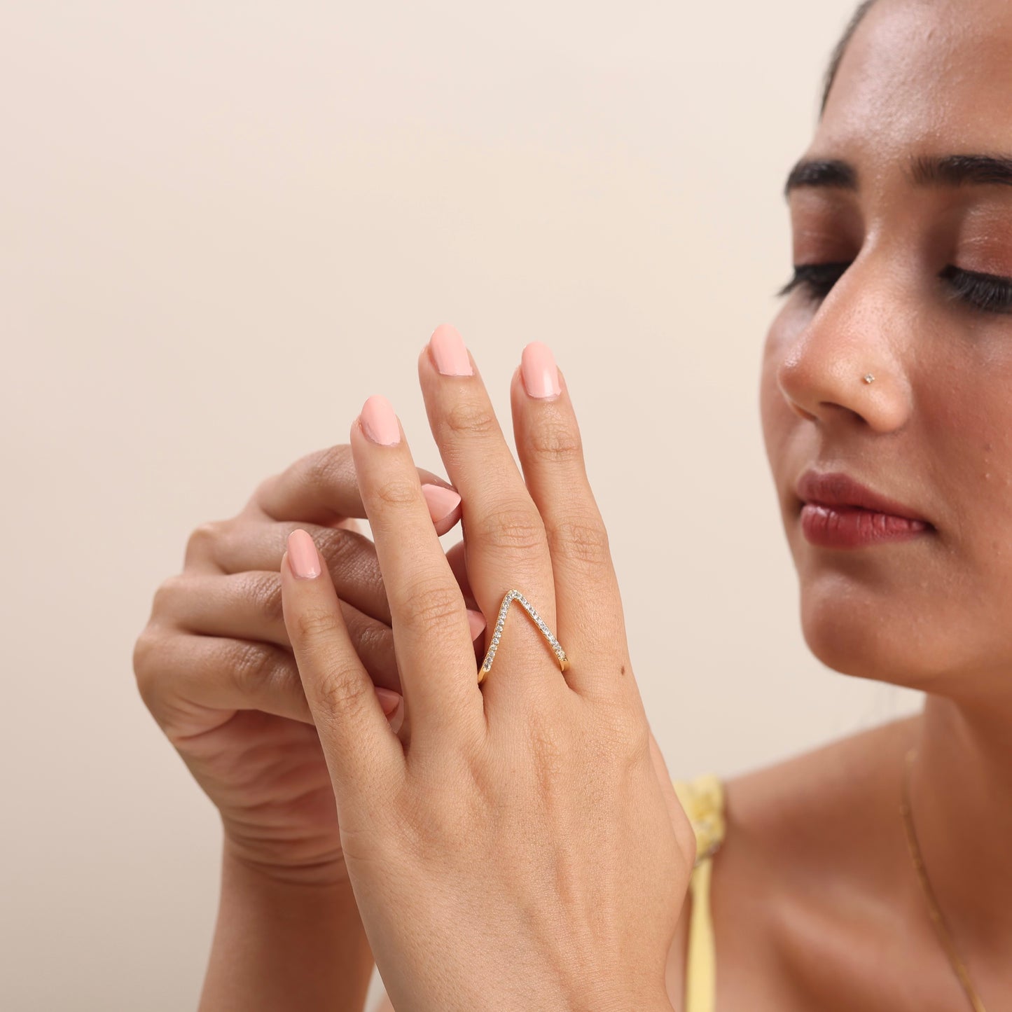 V Shape Zircon Diamond Ring 18K Gold Plated