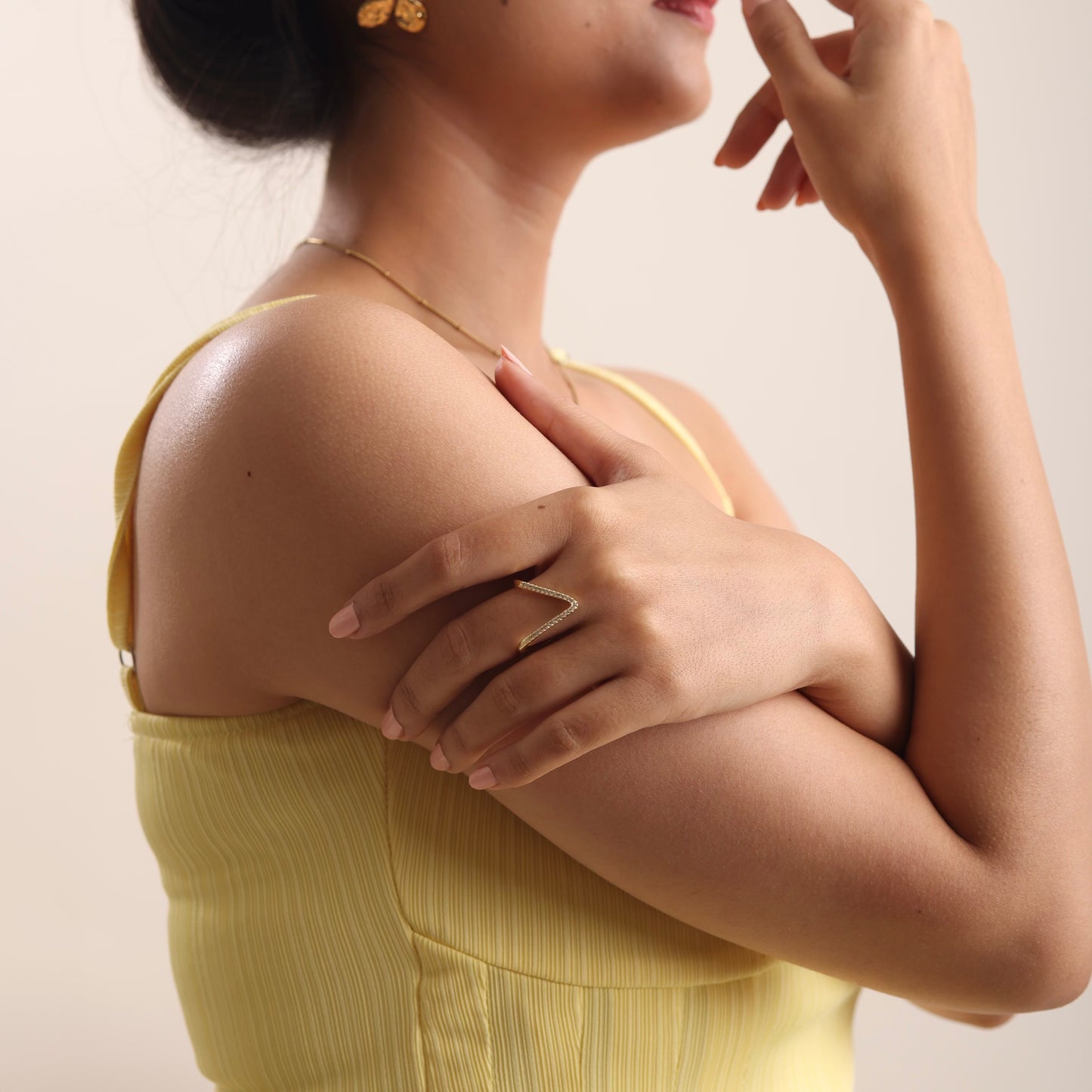 V Shape  Zircon Diamond Ring 18K  Gold Plated