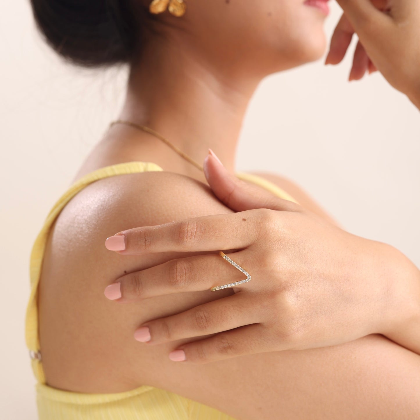 V Shape  Zircon Diamond Ring 18K  Gold Plated