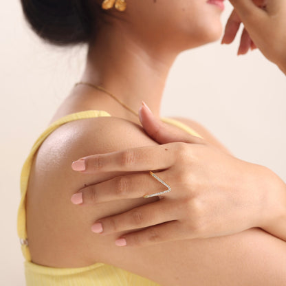 V Shape  Zircon Diamond Ring 18K  Gold Plated